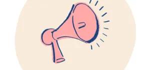 A pink megaphone in a beige coloured circle. 