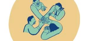 A cartoon graphic of four people putting their hands together in a circle. In the background is a yellow circle. 