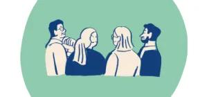 4 people can be seen standing side by side. Their backs are facing the front and just the sides of their faces can be seen. The background is a pale green circle. 