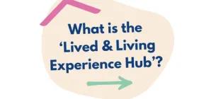 In a beige circle a heading reads 'what is the lived & living experience hub'