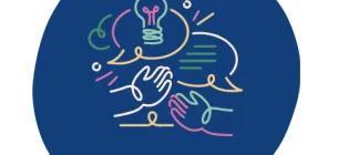 A navy blue circle contains a hand drawn style graphic with two hands coming together and two overlapping speech bubbles, one with a light bulb inside in different colours.