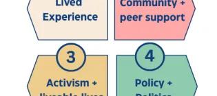 Four different coloured arrow shaped boxes are grouped together with numbers. Top right is number 1 in a beige colour and says 'Lived Experience', top left is pale pink and says 'Community + peer support', Number 3 is bottom left in yellow and says 'Activism + liveable lives, number 4 bottom right is green and says 'Policy + Politics'