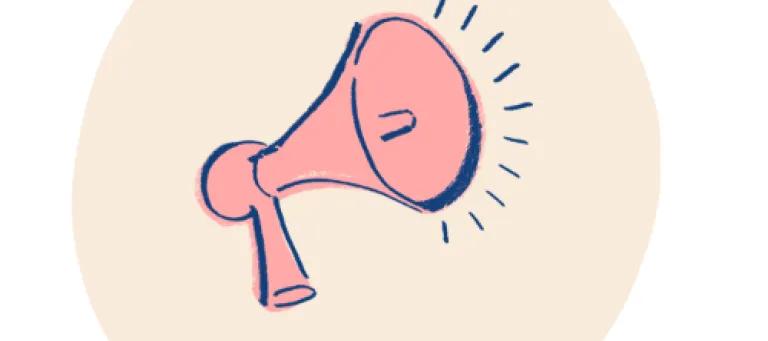 A pink megaphone in a beige coloured circle. 