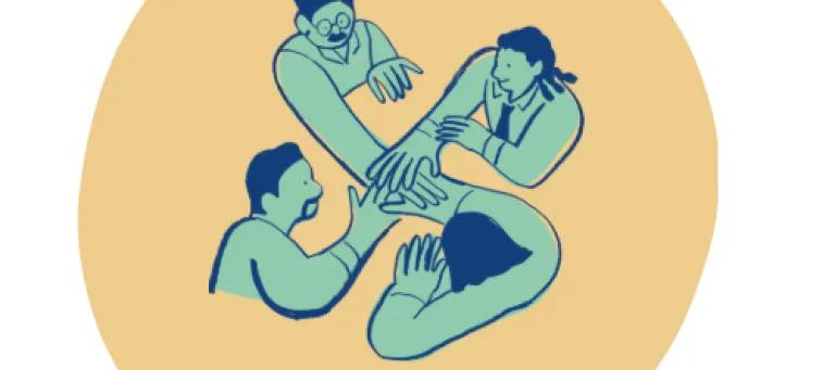 A cartoon graphic of four people putting their hands together in a circle. In the background is a yellow circle. 