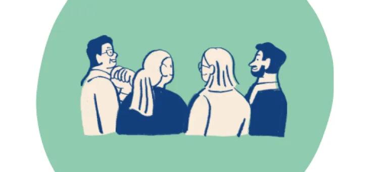4 people can be seen standing side by side. Their backs are facing the front and just the sides of their faces can be seen. The background is a pale green circle. 
