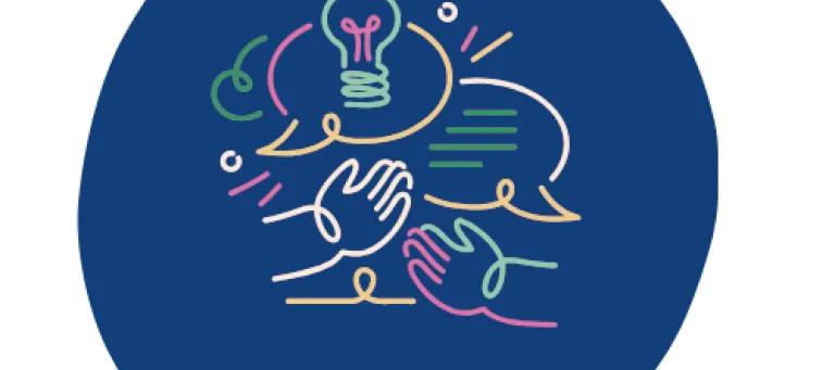 A navy blue circle contains a hand drawn style graphic with two hands coming together and two overlapping speech bubbles, one with a light bulb inside in different colours.