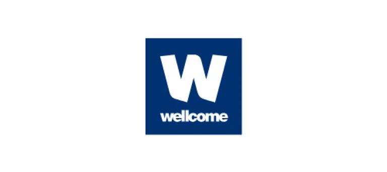 Wellcome Trust logo- a large white 'W' on a navy black background with the word 'wellcome' in lower case font below it. 