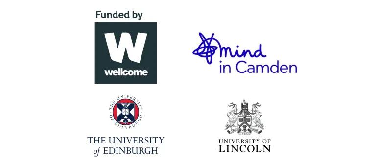 The logos of project collaborators and funders, including Wellcome, Mind in Camden, the University of Edinburgh and the University of Lincoln.