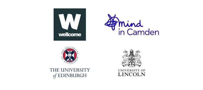 The logos of project collaborators and funders, including Wellcome, Mind in Camden, the University of Edinburgh and the University of Lincoln.