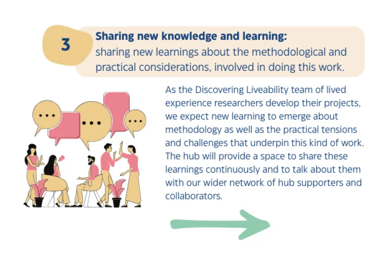 Beige banner reads: 'Sharing new knowledge and learning: sharing new learnings about the methodological and practical considerations, involved in doing this work. Under this is further copy detailing this objective. Next to the body of text is an illustration graphic of people talking to each other with speech bubbles visible in the air above them.