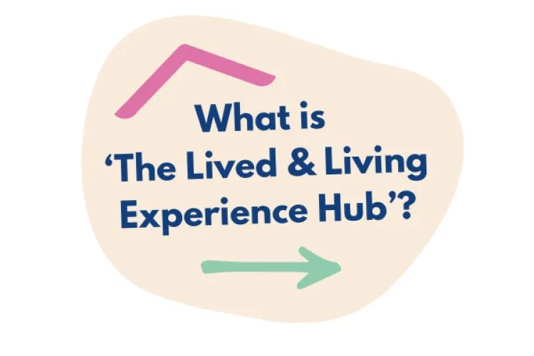 A heading in navy blue reads: 'What is 'The Lived & Living Experience Hub'? it sits on a beige circle. Underneath is a mint green arrow pointing right and above the text in the top right hand corner is an outline of a roof in pink. 