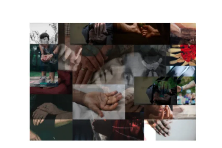 women face surrounded by human hands