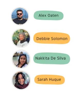 WP2 team member photos in circular photo frames: top left is Sarah Huque, top right is Alex Oaten, bottom left is Nakkita De Silva, bottom right is Debbie Solomon 